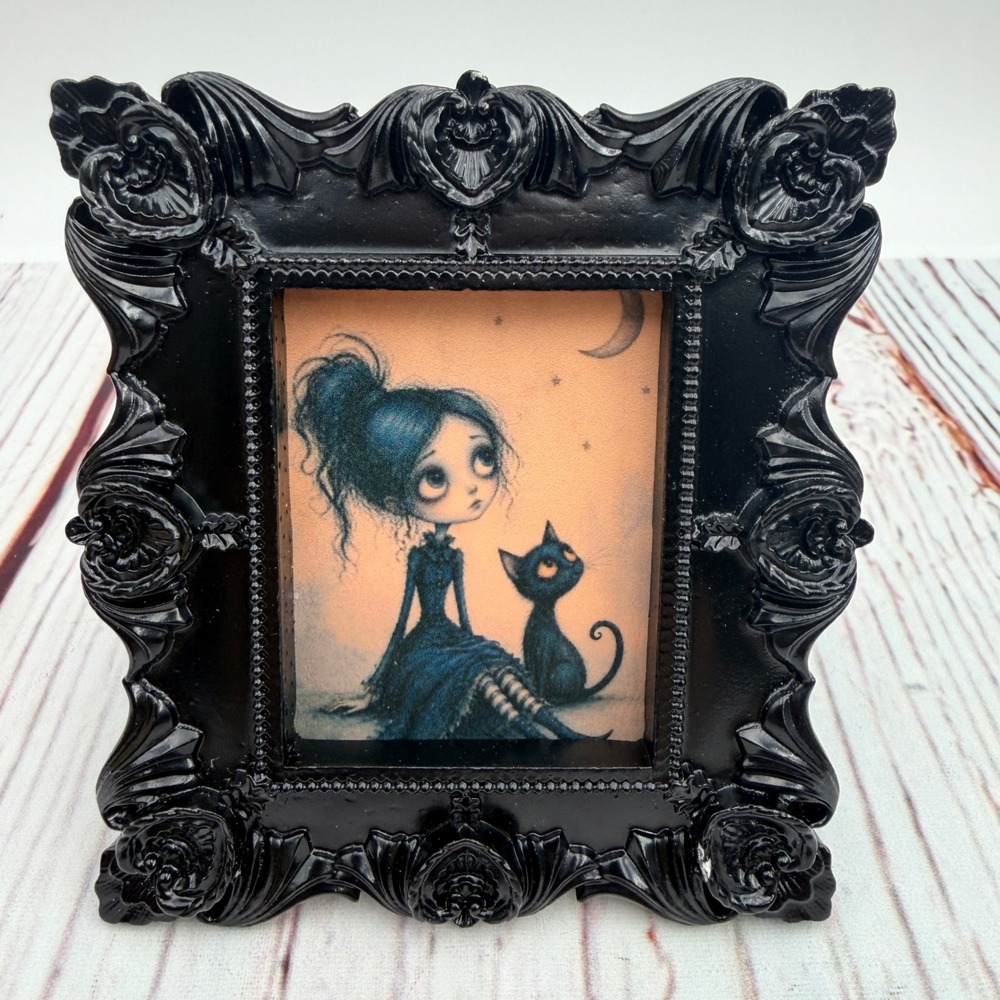 Gothic Girl Black Cat Decoupage Art Ornate Black Resin Mini Frame Handmade